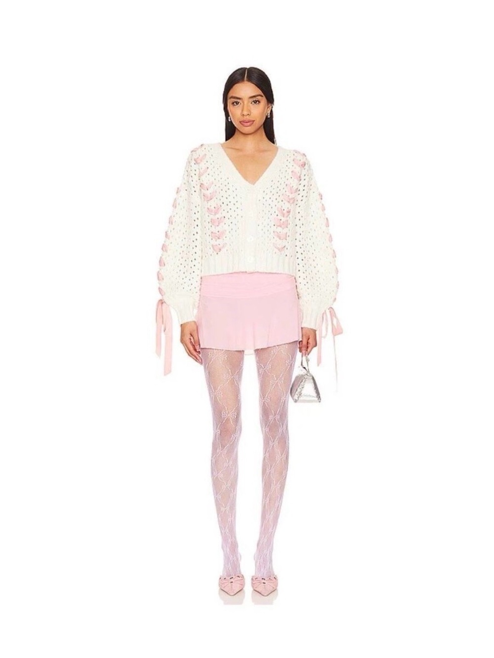 For Love & Lemons Lauren Cardigan XS White Pink Ribbon Knit